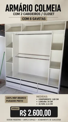 Closet Aberto MDF Branco com 6 Gavetas e Cabideiros - 1,80m