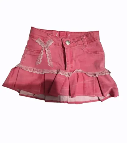 Mini Saia Jeans Rosa Rodada Com Babado E Renda, Nova Nunca Usada Estilo Boneca