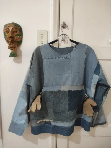 Casaco Blusa Jeans Patchwork - Peça Única 100% Artesanal (Upcycling)