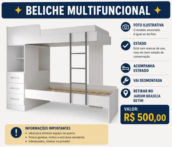 Beliche, com 3 gavetas e nicho
