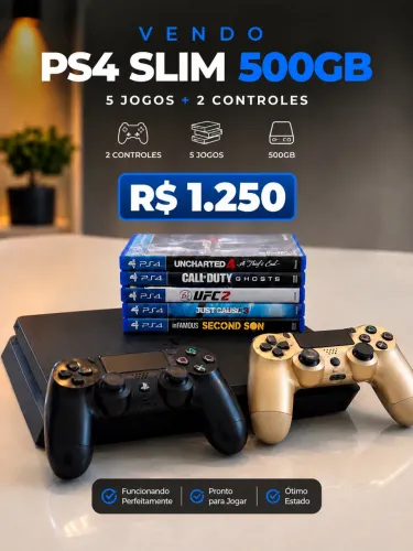 PS4 Slim 500GB + 2 Controles + 5 Jogos