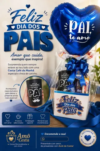 Cesta Café da Manhã Box Dia Dos Com Copo Personalizado e Cartão Com Mensagem.