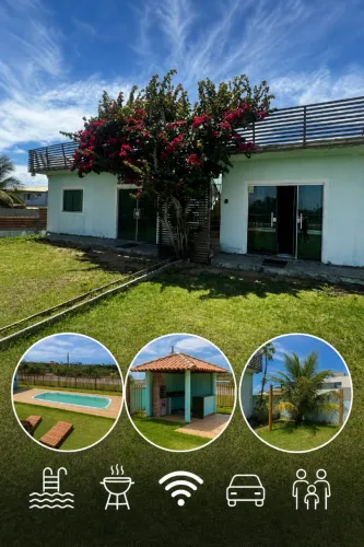 Village com churrasqueira, piscina, lagoa e praia a 1km.