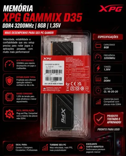Memória Gamer para desktop XPG GAMMIX D35 8GB DDR4 3200MHz