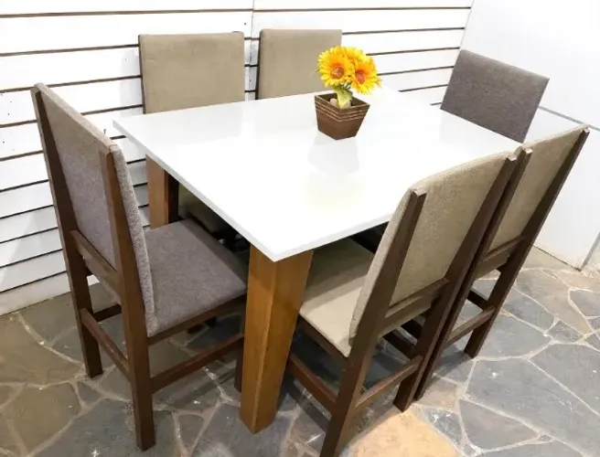 Mesa tampo branco 1,20x80cm + 6 cadeiras madeira