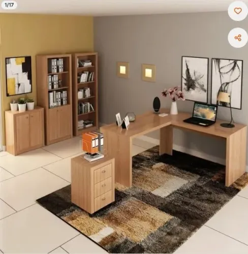 Conjunto 4 Peças 1 Mesa em L 2 Armário Alto Estante e Baixo Móveis Marrom