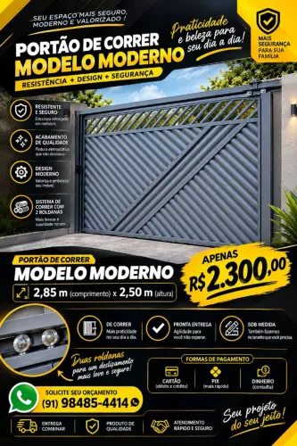 Portão de Correr Moderno 2,85 x 2,50 m | R$ 2.300