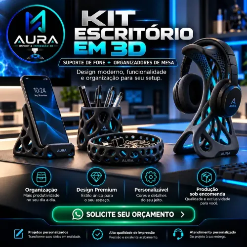 Organizador de mesa e suporte de fone de ouvido.