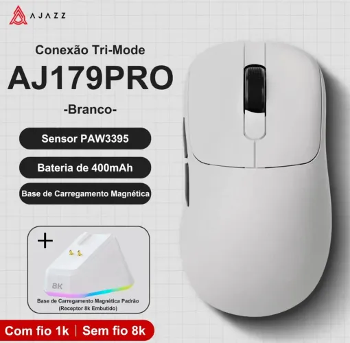 Mouse Gamer Ajazz Aj179 Pro 8k 26000dpi Paw3395 + Dock de Carregamento Branco