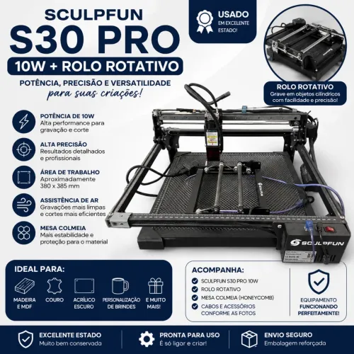 SCULPFUN S30 PRO 10W + Rolo Rotativo - Excelente Estado
