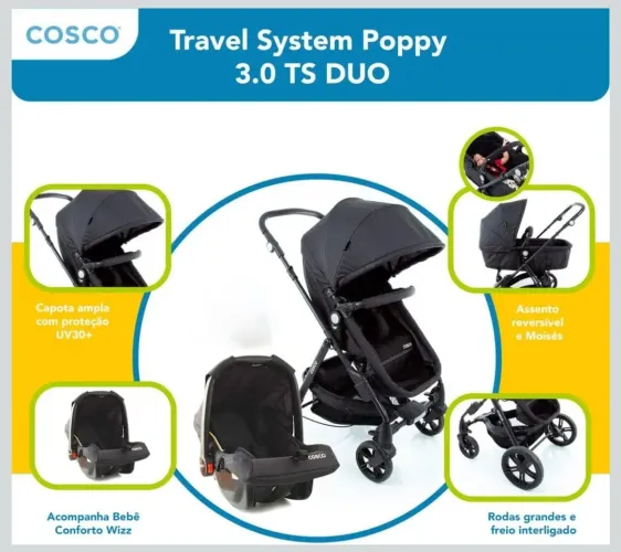Conjunto Carrinho de bebê e bebê conforto Travel System Poppy 3.0