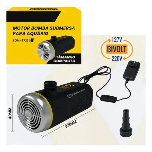 motor bomba p/ aquário 8.6l min bivolt filtração rápida 127/220v bom-8723