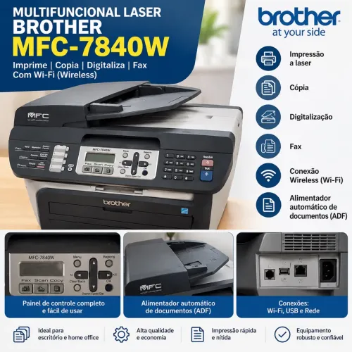 Impressora Multifuncional Brother MFC-7840W Laser Wi-Fi USB Fax Copiadora Scanner