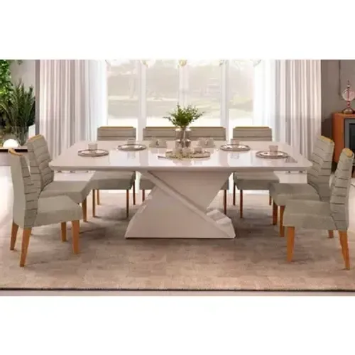 Mesa de Jantar com Tampo de Vidro e 8 Cadeiras Estofadas