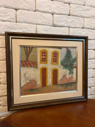Quadro Antigo Casarão Colonial - Pintura Óleo com Paspatur e Moldura