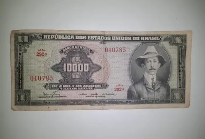 Rara Cédula/Nota Antiga de 10000 Cruzeiros Santos Dumont Original.