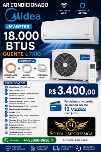 Ar condicionado mídia 18.000 Btus inverter quente e frio com kit instalação 