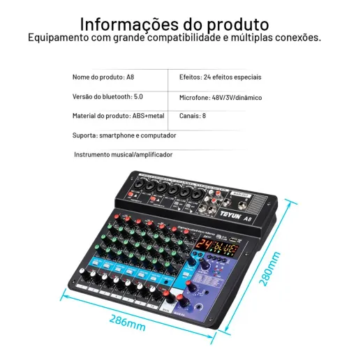Mesa de Som 8 Canais TEYUN A8 - Bluetooth - 24 Efeitos - Equipamento Profissional