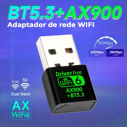 Adaptador Sem Fio Wireless Wifi 6 AX900 Dual Band 2.4G 5G + Bluetooth 5.3 para PC Notebook