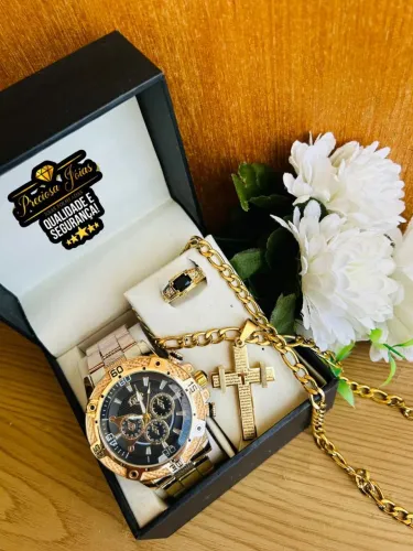 Kit Relógio + Corrente + Anel Folheado a Ouro