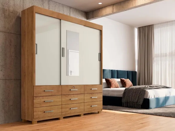 Roupeiro portas de correr com espelho 9 gavetas Areia l98