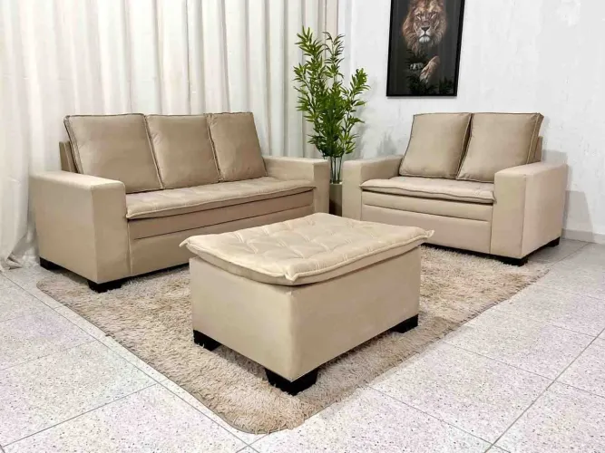 Sofá 3 e 2 lugares França com Puff Veludo Bege Larg. 1.86m- Entrega Rápida