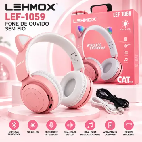 Fone Bluetooth Sem Fio LEMOX LMF-1059 Gatinho LED Infantil Feminino
