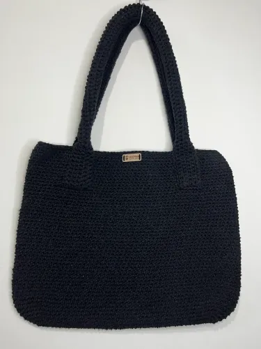 Bolsa de Crochê Grande Preta Lisa Barbante Artesanal 