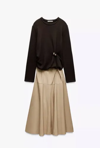 Vestido Combinado Com Broche