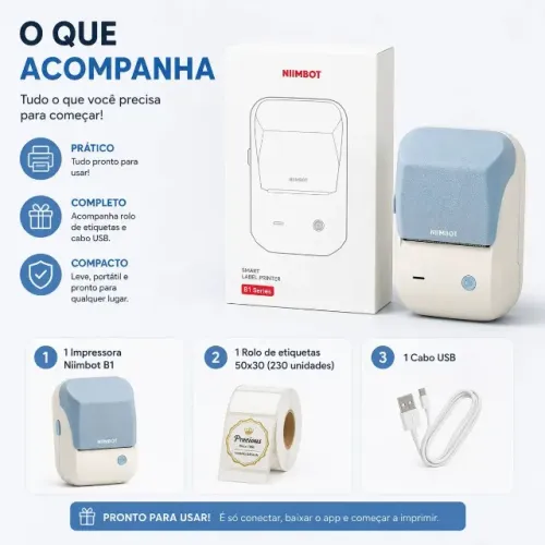Mini Impressora Térmica Niimboot B1 + 1 Rolo De Etiqueta Azul-celeste