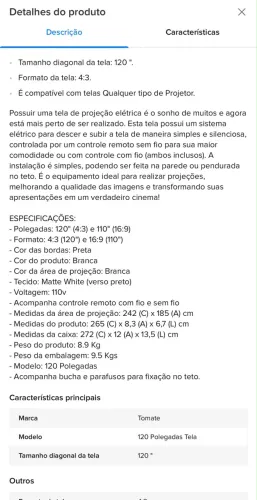 TELA DE PROJEÇÃO 120 polegadas 4:3 com controle remoto elétrico. Marca tomate 127 V