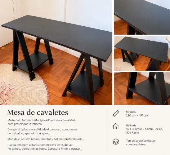 Escrivaninha preta com cavaletes