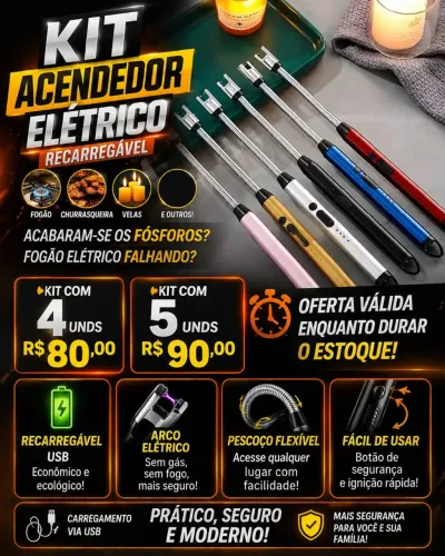 Acendedor elétrico Recarregável fogão, churrasqueira, vela...