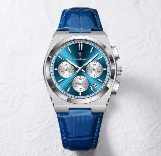 Relogio Poedagar 970 BLUE Silver White Clássico Azul Com Cronografos Pulseira Couro Azul