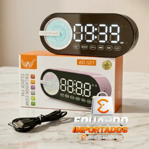 Relógio Digital com Display Rádio FM, Bluetooth, SD card, Luz Colorida Recarregável