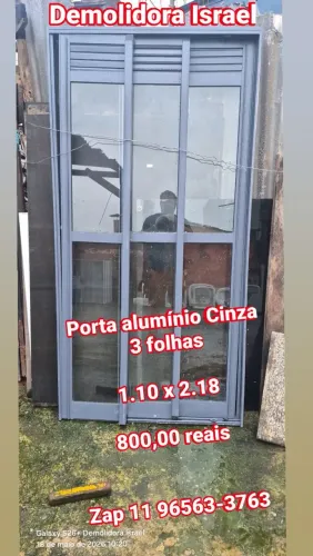 Porta balcão alumínio Cinza 3 folhas 
