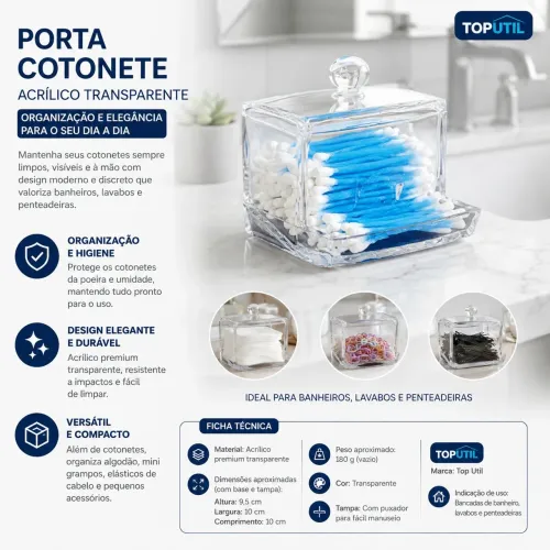 Porta Cotonete Acrílico Transparente 