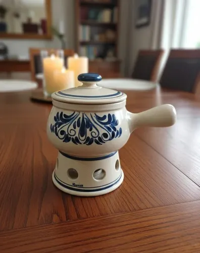 Conjunto de panela e réchaud vintage, para fondue, em cerâmica esmaltada, decoração azul