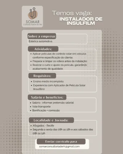 EMPREGO: INSTALADOR DE INSULFILM