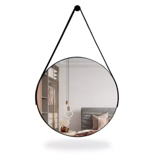 Espelho Redondo Decorativo Adnet com Alça e Suporte Couro 60cm