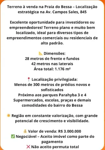 Terreno à venda, 1176 m² por R$ 3.000.000,00 - Bessa - João Pessoa/PB