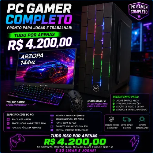 PC Gamer Ryzen 5 3600 + RX 7600 + Monitor 144Hz + Beast X | Setup Completo