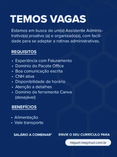 ASSITENTE ADMINISTRATIVO C/ EXPERIENCIA COMPROVADA