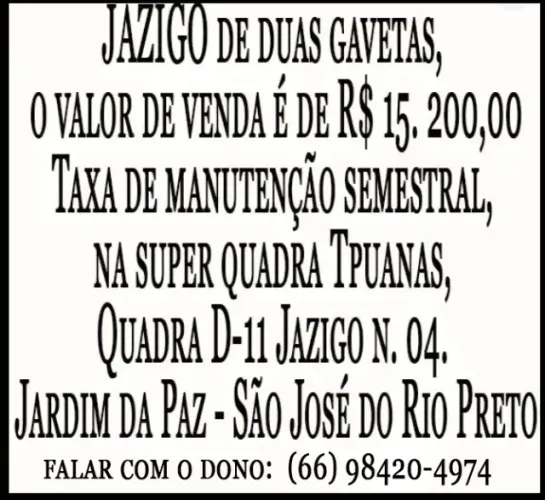 Jazigo 2 Gavetas Cemitério Jardim da Paz - São José do Rio Preto