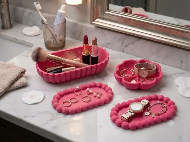 Kit Porta Joias e Maquiagem Organizador Rosa Decorativo 4 Pecas