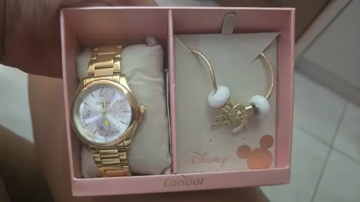 Kit Relógio Condor Disney Cinderela Dourado + Pulseira - Novo