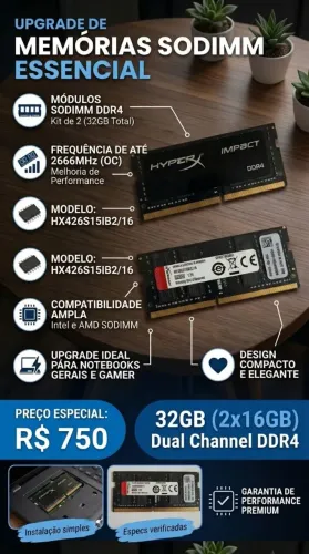 Kit Memória RAM SODIMM HyperX Impact DDR4 32GB (2x16GB) 2666MHz p/ Notebook