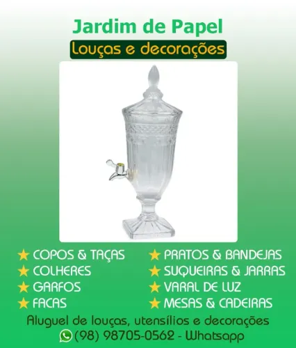 Aluguel de suqueiras, jarras para alugar, louças de festa