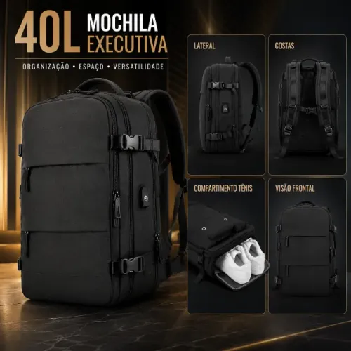 Mochila Grande Para Notebook,Porta Tênis Com Vários Compartilhamentos-Preta