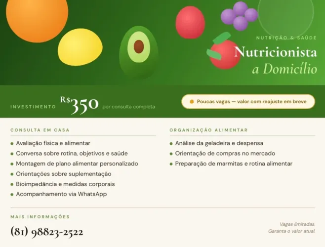 Nutricionista a Domicílio ? Consulta Completa + Organização Alimentar